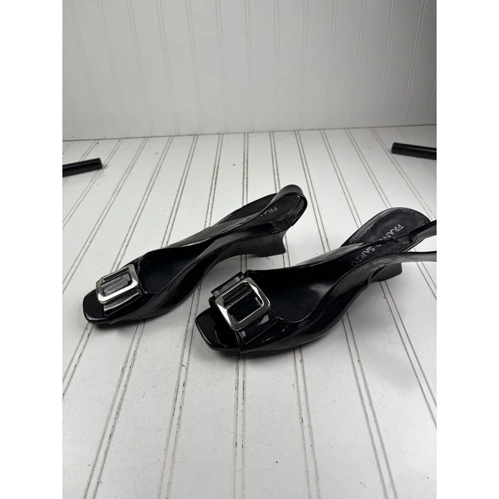 Franco Sarto Vintage Y2K Black Patent Leather Slingback Heels Women's Size 9.5